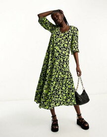 ルック New Look tie back 3/4 sleeve midi dress in green floral レディース