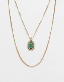 Reclaimed Vintage unisex 2 row necklace with green faux stone in gold ユニセックス