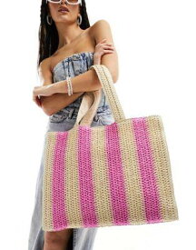 サウスビーチ South Beach striped straw woven shoulder tote bag in pink and natural レディース