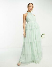 Vila Bridesmaid halterneck tulle maxi dress with tiered skirt in mint green レディース