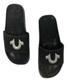 True Religion Men's Silver Metallic Horseshoe Logo Slide Sandals in Black メンズ