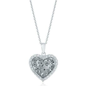 Classic Sterling Silver CZ Border Heart with Flower Design Necklace ユニセックス
