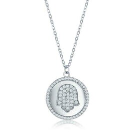 Classic Sterling Silver Hamsa Micro Pave CZ Disc Necklace ユニセックス