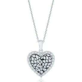 Classic Sterling Silver CZ Border Heart with Cobblestone Design Necklace ユニセックス