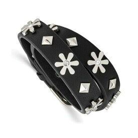 Chisel Stainless Steel Polished w/Swarovski Flower Studded Leather Adj. Bracelet ユニセックス