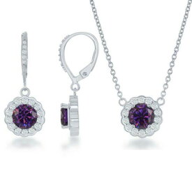 Classic Sterling Silver February Birthstone w. CZ Border Round Earrings and Necklace Set ユニセックス