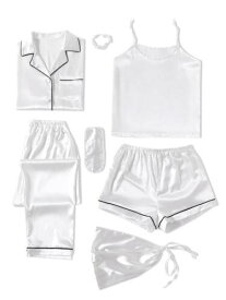 LYANER Womens Pajamas Set 7pcs Silk Sleepwear Loungewear Cami Shirt Pj Set レディース