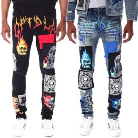 GFTD LA Los Angeles Men's Skinny Fit Panel Patch Fire Skull Distressed Rip Jeans メンズ