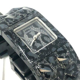 ゲス Guess Women's Black Ion & Animal Print Crystal Accented Bangle Bracelet Watch レディース