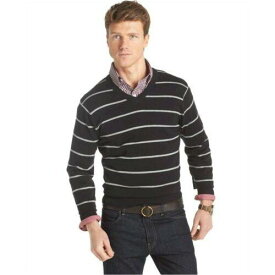 IZOD アイゾッド Izod Men's All Over Stripe Long Sleeve V-Neck Black Cotton Sweater Shirt メンズ