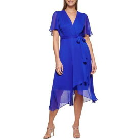 ディーケーエヌワイ DKNY Womens Blue Sheer Polyester Wrap Midi Dress 6 レディース