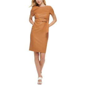 カルバンクライン Calvin Klein Womens Brown Faux Leather Midi Fitted Sheath Dress 6 レディース