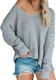 LAICIGO Women's Off Shoulder Knit Sweater V Neck Long Sleeve Lightweight Grey- L レディース