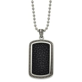 Chisel Stainless Steel Antiqued & Polished Blk Leather Inlay DogTag 22in Necklace ユニセックス