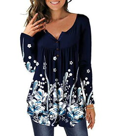 MAYAMANG Womens Floral Tunic Tops Long Sleeve Henley V Neck Buttons Up Casual レディース