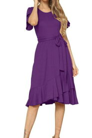 levaca Women Plain Casual Flowy Midi Work Tunic Belt Dress Purple S レディース