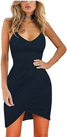 Zalalus Womens Elegant Spaghetti Strap Deep VNeck Sleeveless Dress NavyBlue S レディース
