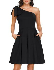 JASAMBAC Elegant Women Dress for Wedding Guest Cocktail Bow One Shoulder Formal レディース