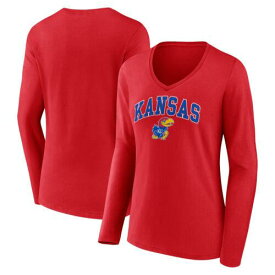 Women's Fanatics Red Kansas Jayhawks Evergreen Campus Long Sleeve V-Neck T-Shirt レディース