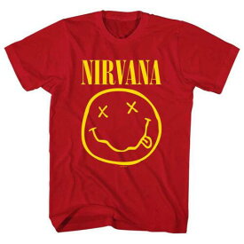 Nirvana - Kurt Cobain-Yellow Smiley - Red t-shirt メンズ