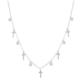 Classic Women's Necklace Sterling Alternating Cross and Bezel-Set CZ M-6802 レディース