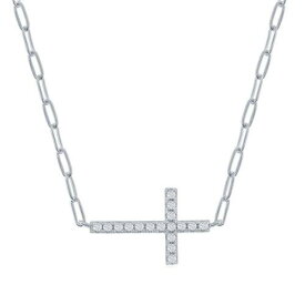 Classic Women's Necklace Sterling Silver CZ Sideways Cross Paperclip M-6977 レディース