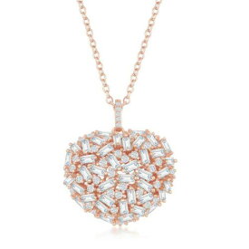 Classic Sterling Silver Rose Gold White Baguette CZ Puffed Heart Necklace ユニセックス