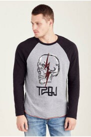 True Religion Men's TRBJ Skull Raglan Long Sleeve Tee T-Shirt in Grey/Black メンズ
