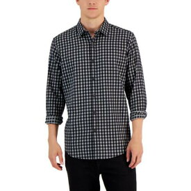 Alfani Mens Black Check Print Cotton Button-Down Shirt L メンズ