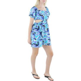 Wishing Waves Womens Blue Cut-Out Printed Smocked Mini Dress M レディース
