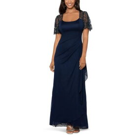 Xscape Womens Navy Ruffled Embellished Scoop Neck Evening Dress Gown 6 レディース