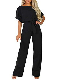 Happy Sailed Women Casual Loose Short Sleeve Belted Wide Leg Jumpsuit (L-Black) レディース