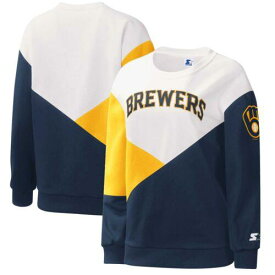 Women's Starter White/Navy Milwaukee Brewers Shutout Pullover Sweatshirt レディース