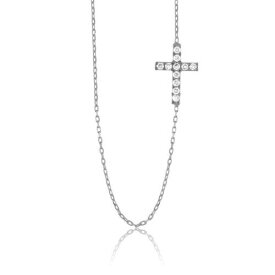 Classic Sterling Silver Small CZ Sideways Cross Necklace ユニセックス