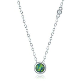 Unbranded Sterling Silver Blue Inlay Opal with Single Bezel-Set CZ Necklace ユニセックス