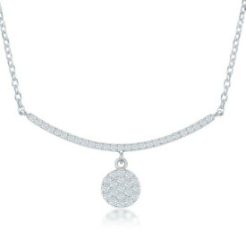 Classic Sterling Silver CZ Curved Bar with Dangling Disc Necklace ユニセックス