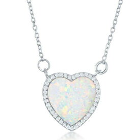 Classic Sterling Silver White Inlay Opal Heart with CZ Border Necklace ユニセックス