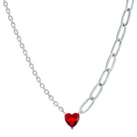Classic Women's Necklace Sterling Silver Ruby CZ Heart and Half Paperclip M-7080 レディース
