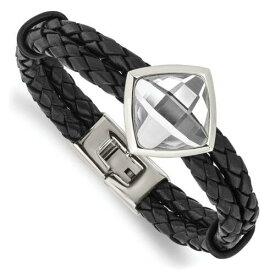 Chisel Stainless Steel Polished with Glass Stone Braided Leather 8in Bracelet ユニセックス