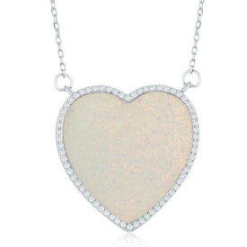 Classic Sterling Silver White Inlay Opal Heart with CZ Border Necklace ユニセックス