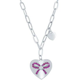 Classic Women's Necklace Sterling Heart with Ruby CZ Ribbon Paperclip M-6782 レディース