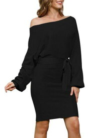 Meenew Womens Off Shoulder Pullover Sweater Dress Tie Waist Mini Dress Black M レディース