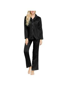 INK + IVY Womens Black Elastic Button Up Top Straight leg Pants Satin Pajamas L レディース
