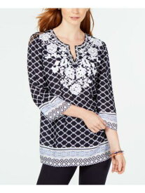 CHARTER CLUB Womens Navy Embroidered Printed 3/4 Sleeve Split Tunic Top XS レディース
