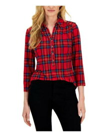 CHARTER CLUB Womens Red Stretch Plaid 3/4 Sleeve Collared Top S レディース
