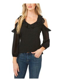 CECE Womens Black Ruffled Lined Sheer Clip Dots Long Sleeve V Neck Blouse S レディース