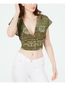 ゲス GUESS Womens Green Printed Short Sleeve V Neck Crop Top L レディース