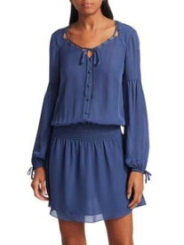 PARKER Womens Blue Tie Long Sleeve Sweetheart Neckline Mini Blouson Dress S レディース