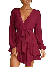 NODPAN Womens Short Dress Deep V-Neck Long Sleeve Bow Tie Waist Flare Mini Dress レディース