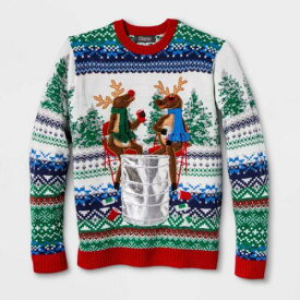 33 Degrees Mens Ugly Christmas Reindeer Snow Party Pocket Sweater - Red S Multi メンズ
